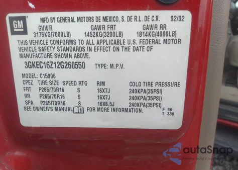 2002 GMC Yukon Xl 1500 Slt из США, поврежденный, VIN 3GKEC16Z12G260550